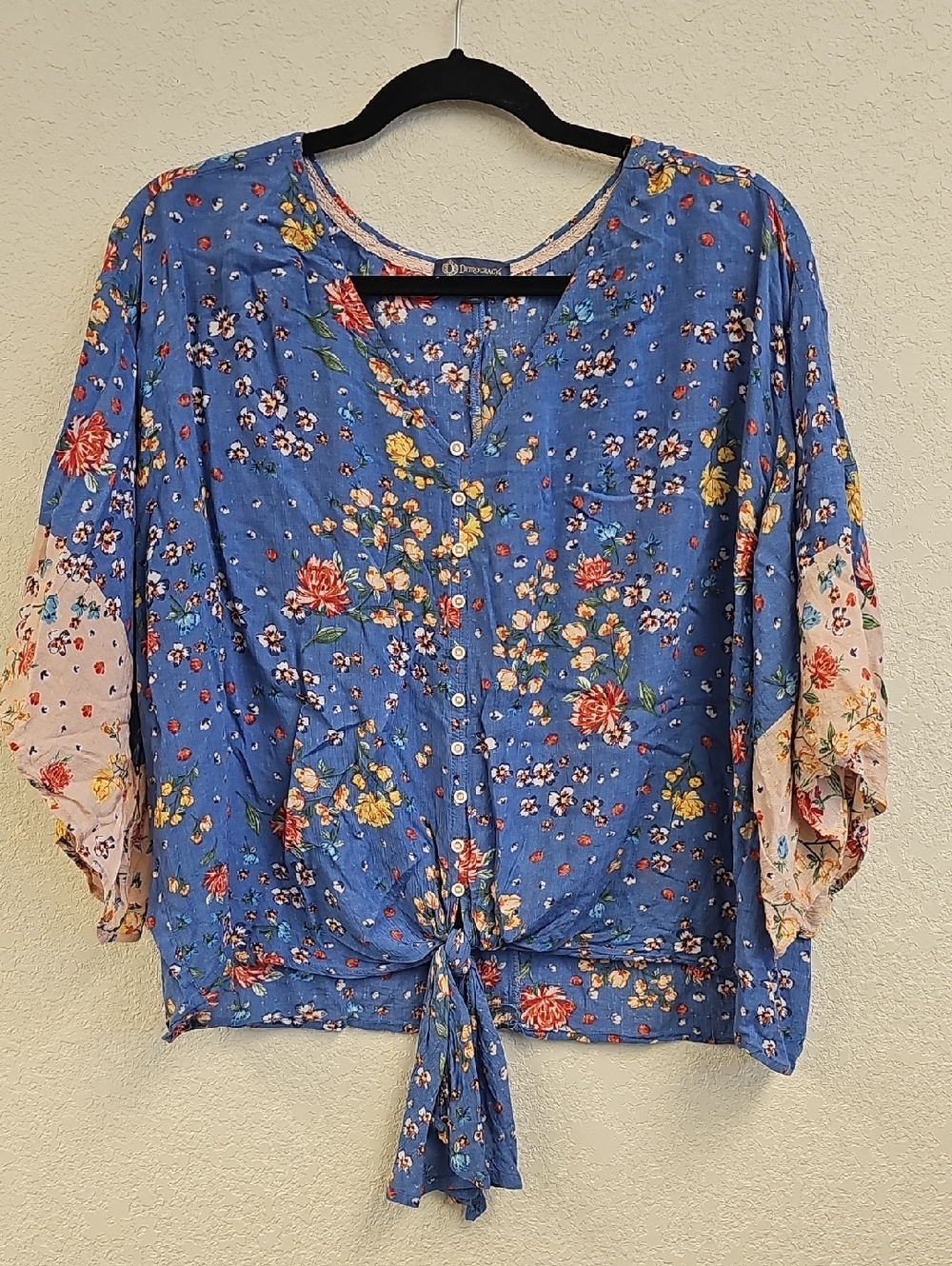 Democracy Blue Floral Button-Front Tie Hem Top